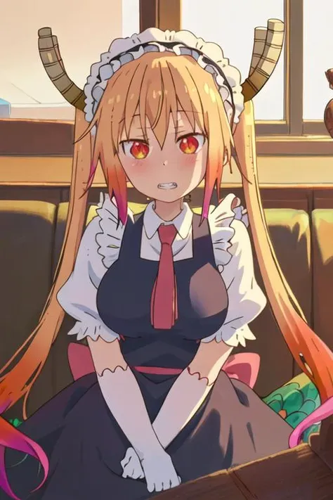 best quality, masterpiece, highres, solo, {tooru_kobayashisanchinomaidragon:1.15}, blonde_hair, horns, dragon_horns, long_hair, dragon_girl, maid_headdress, twintails, multicolored_hair, maid, blush, gradient_hair, necktie, red_eyes, closed_mouth, red_necktie, orange_eyes, hair_between_eyes, breasts, orange_hair, 1girl, gloves, white_gloves, puffy_sleeves, short_sleeves, slit_pupils, teeth, dress, elbow_gloves, glowing, large_breasts, puffy_short_sleeves, clenched_teeth