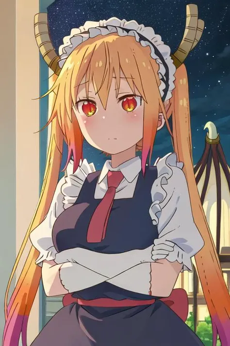 best quality, masterpiece, highres, solo, {tooru_kobayashisanchinomaidragon:1.15}, blonde_hair, horns, dragon_horns, long_hair, dragon_girl, maid_headdress, twintails, multicolored_hair, maid, blush, gradient_hair, necktie, red_eyes, closed_mouth, red_necktie, orange_eyes, hair_between_eyes, breasts, orange_hair, 1girl, looking_at_viewer, night, night_sky, outdoors, sky, slit_pupils, star_\(sky\), upper_body, bangs, starry_sky, anime_coloring, hood