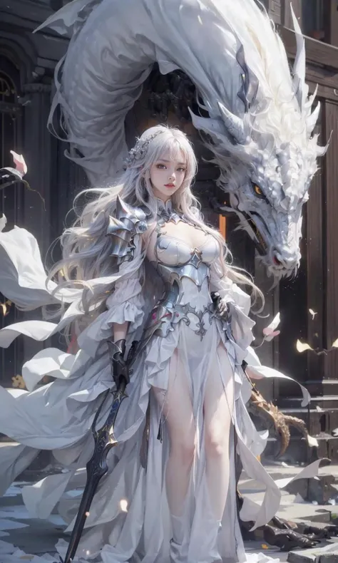 fair, elegant, Mild, oriental adult (woman), long flowing hair(White), face shape (Cold) ,Sexy (Little mouth), Dragon Horn (White), E cup, Dragon scale armor ( White), 