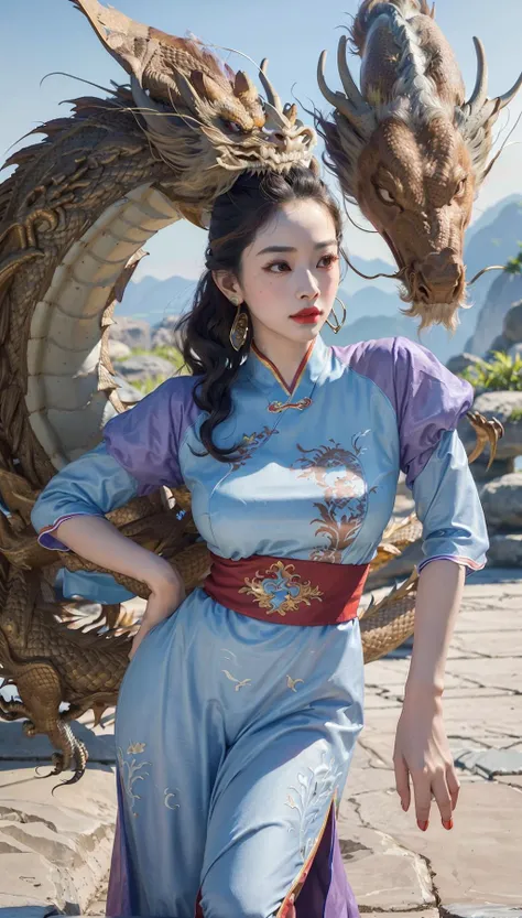(best quality:1.2),(masterpiece:1.2), film grain,(realistic:1.4), photolistic,
1 female, mature female, full body,(1 china dragon in the sky:1.2),
diligent,red cheongsam with Embroidered Flowers, Superwoman, Tall, Athletic, Triangular Face,black Hair,s, Wide Nose, Full Lips, Receding Chin, Long Hair, Curly Hair, Top Knot, round breasts, Huggie earrings, violet matte lipstick, cui yifei, arms crossed, standing, <lora:conceptLoongChinaDragon_v10:1.0>