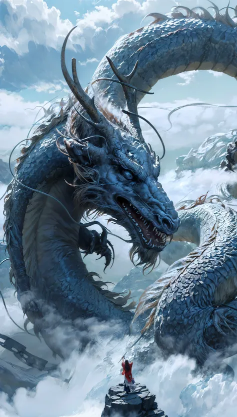 (RAW photo, best quality), (realistic, photo-realistic:1.3), extremely delicate and beautiful, Amazing, finely detail, masterpiece, ultra-detailed, highres,(best illustration), (best shadow),intricate,
A beautiful female Taoist priest stands atop a mist-shrouded mountain peak, her right hand raised diagonally, wielding a long sword,from back,in front of a Chinese loong,(loong:1.4),clouds,storm,mountains,sunset,
sharp focus, volumetric fog, 8k UHD, DSLR, high quality, (film grain:1.4), Fujifilm XT3, <lora:add_detail:1> <lora:loong2-000015:1>