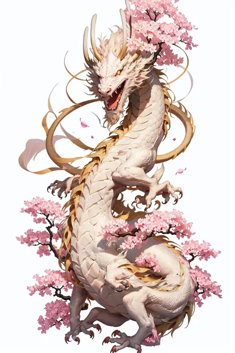 logo,masterpiece,(on a white background:1),white chinese dragon surrounded by white clouds,pink sakura trees,petals,wind,god,long wavy body,fangs,fantasy, mythical, high quality, highly detailed, masterpiece, epic,particles effect,dynamic effect,sun in the background  <lora:conceptLoongChinaDragon_v10:.8> <lora:logoarchive_v10:.8>