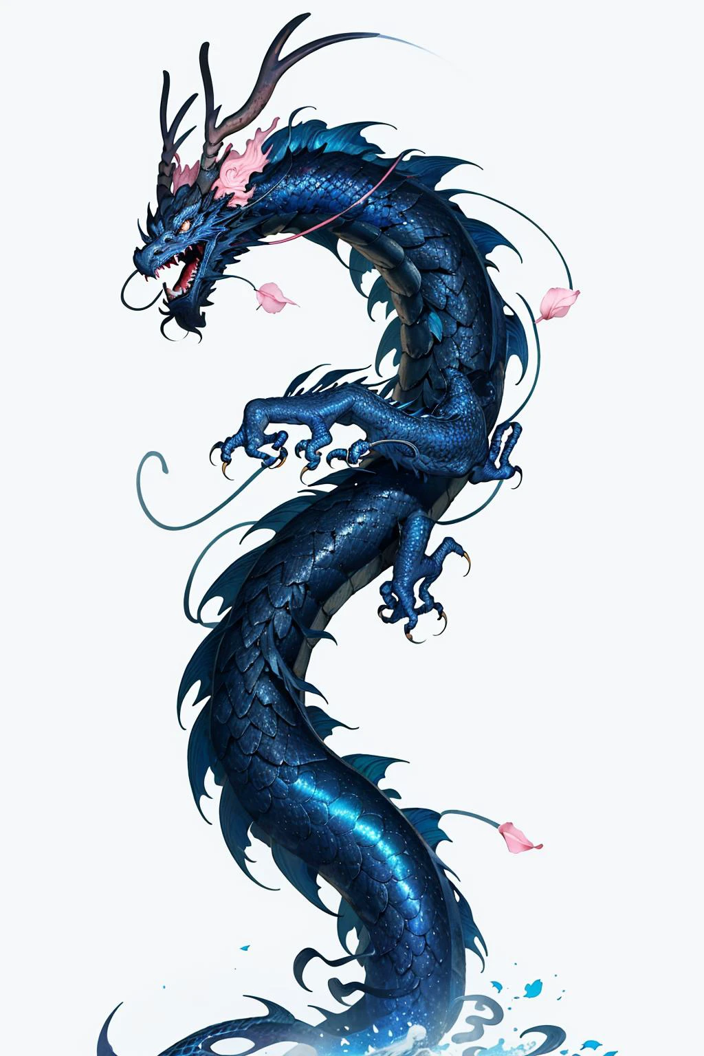 logo,masterpiece,(on a white background:1),black chinese dragon, surrounded by blue water,pink sakura trees,petals,wind,god,long wavy body,fangs,fantasy, mythical, high quality, highly detailed, masterpiece, epic,particles effect,dynamic effect,sun in the background <lora:conceptLoongChinaDragon_v10:.8> <lora:logoarchive_v10:1>