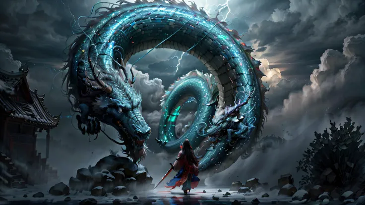 {best quality}, masterpiece, {highres}, original, extremely detailed 8K , photorealistic,intricate detail,, highlydetailed, ultra-detailed,ray tracing,(loong midair, flying,Looking at the camera,misty,fog, ), Dark clouds cover the sky,misty,(1boy,solo, long hair, holding sword, lightning surround, standing,fight), <lora:add_detail:0.3>, <lora:GlowingRunesAI:0.5>, daoist, cinematic lighting, fire and ice split,daoist practice, <lora:loong2:1>, spiral loong, cloud loong at the top,