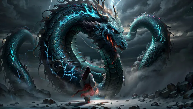 {best quality}, masterpiece, {highres}, original, extremely detailed 8K , photorealistic,intricate detail,, highlydetailed, ultra-detailed,ray tracing,(loong midair, flying,Looking at the camera,misty,fog, ), Dark clouds cover the sky,misty,(1boy,solo, long hair, holding sword, lightning surround, standing,fight), <lora:add_detail:0.3>, <lora:GlowingRunesAI:0.5>, daoist, cinematic lighting, fire and ice split,daoist practice, <lora:loong2:1>, spiral loong, cloud loong at the top,