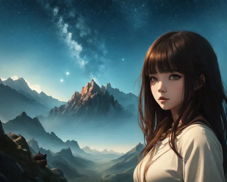 ((master piece)),best quality, illustration, dark, 1girl, In the wilderness, High mountain, Empty space, city, beautiful detailed eyes, beautiful detailed hair,