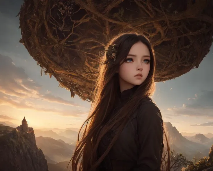 ((master piece)),best quality, illustration, dark, 1girl, In the wilderness,High mountain, Empty space, castle, beautiful detailed eyes, beautiful detailed hair,