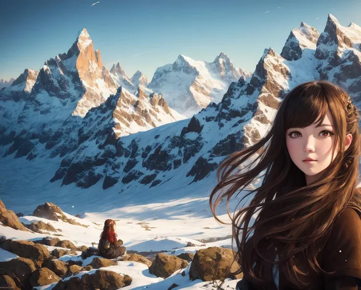 ((master piece)),best quality, illustration, dark, 1girl, In the wilderness,High mountain,Snow-capped mountains in the distance, castle, beautiful detailed eyes, beautiful detailed hair,