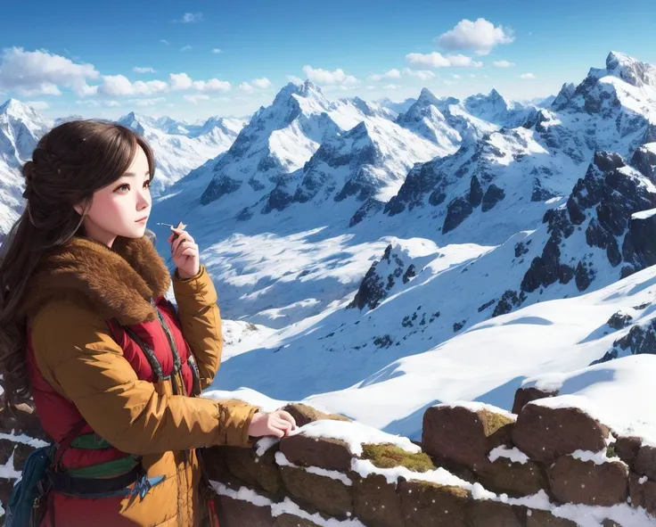 ((master piece)),best quality, illustration, 1girl, In the wilderness,High mountain,Snow-capped mountains in the distance, beautiful detailed eyes, beautiful detailed hair,