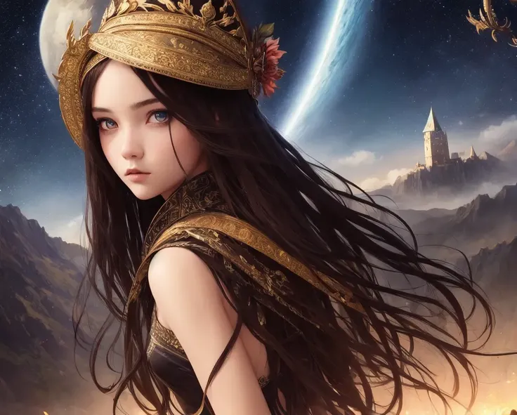 ((master piece)),best quality, illustration, dark, 1girl, In the wilderness,High mountain, Empty space, castle, beautiful detailed eyes, beautiful detailed hair,