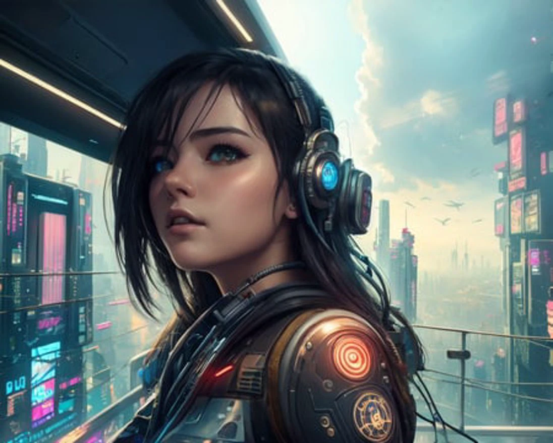 ((master piece)),best quality, illustration, 1girl, Look out the window, beautiful detailed eyes, (beautiful detailed cyberpunk city), beautiful detailed hair,