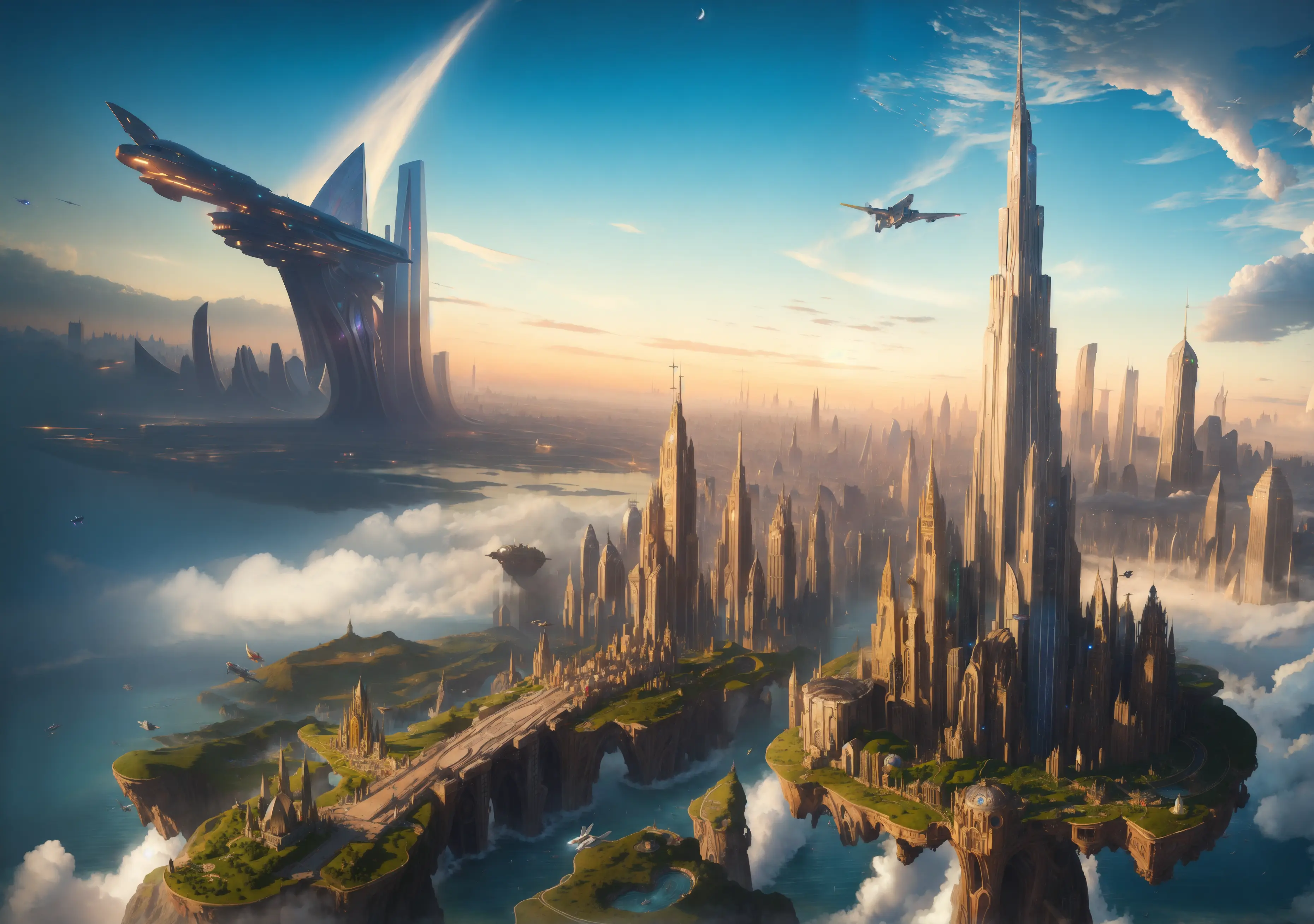 ((master piece)),best quality, (8k, best quality, masterpiece:1.2), ultra-detailed, illustration, Grand scene, big city, Science fiction, Floating city,