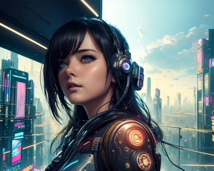 ((master piece)),best quality, illustration, 1girl, Look out the window, beautiful detailed eyes, (beautiful detailed cyberpunk city), beautiful detailed hair,