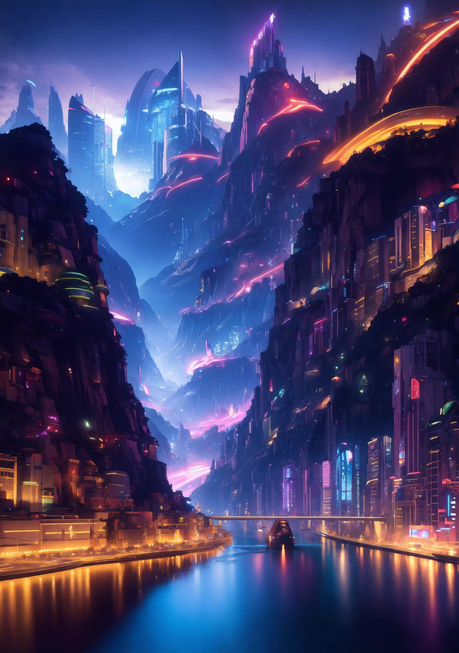 spaceship, mountain, river, night, city, cyberpunk,