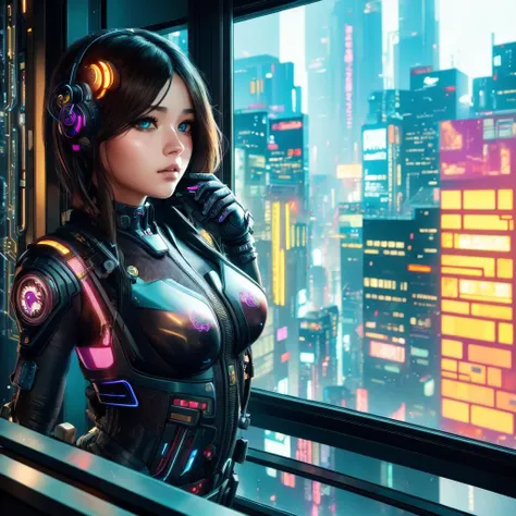 ((master piece)),best quality, illustration, 1girl, Look out the window, beautiful detailed eyes, (beautiful detailed cyberpunk city), beautiful detailed hair,