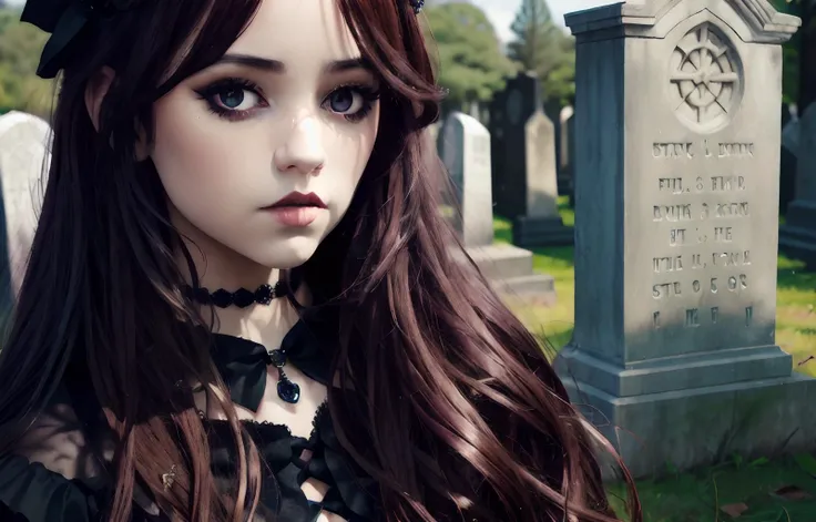 ((master piece)),best quality, illustration, Gothic, 1girl, In Cemetary, Coffin, Gravestones, beautiful detailed eyes, beautiful detailed hair <lora:jennaOrtega_v1:1>