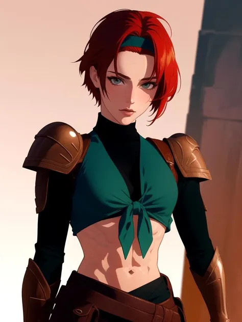 (best quality, masterpiece)1girl,upper body, green front tie top, midriff, abs,armor, shoulder pads,red hair, hair band, mirabounty:1.3, short hair, solo, front facing (high contrast, official art, extreme detailed, highest detailed) <lora:mira:0.8>