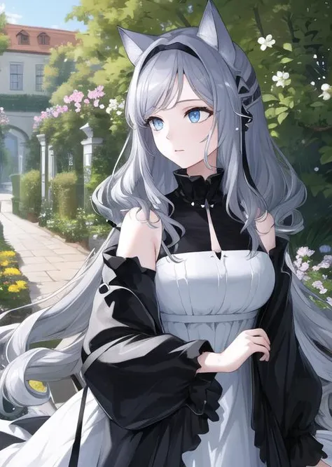 masterpiece, best quality, highres, 1girl, garden background ,golding, shoulderless dress , black hairband, grey hair, long hair, black jacket, cat ears, blue ribbon, <lyco:goldingg-000015:0.88>