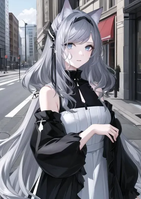 masterpiece, best quality, highres, 1girl, city background ,golding, shoulderless dress , black hairband, grey hair, long hair, black jacket, cat ears, blue ribbon, grey hair, <lyco:goldingg-000015:0.88>