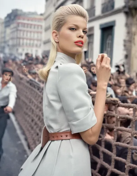 Portugal, <lora:DaphneGroeneveld:1> Daphne Groeneveld, a dutch model, posing on the barricades for women's rights, high-necked clothing, professional lighting, year 1960 styling, professionally color graded EktaChrome, tack sharp, fashion shoot, tack sharp