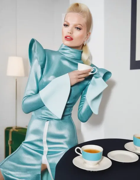 Finland, <lora:DaphneGroeneveld:1> Daphne Groeneveld, a dutch model, posing after spilling her tea, high-necked clothing, professional lighting, year 1920 styling, professionally color graded Canon DSLR, tack sharp, fashion shoot, tack sharp