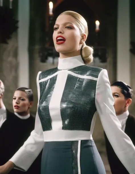 Iran, <lora:DaphneGroeneveld:1> Daphne Groeneveld, a dutch model, posing singing in a church choir, high-necked clothing, professional lighting, year 1935 styling, professionally color graded EktaChrome, tack sharp, fashion shoot, tack sharp