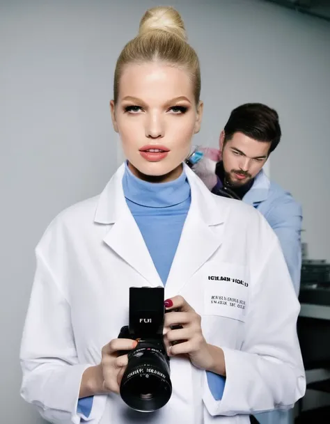 Iceland, <lora:DaphneGroeneveld:1> Daphne Groeneveld, a dutch model, posing assisting a photo finishing laborant wearing a white âlab technician coat, high-necked clothing, professional lighting, year 2010 styling, professionally color graded Fuji DSLR, tack sharp, fashion shoot, tack sharp