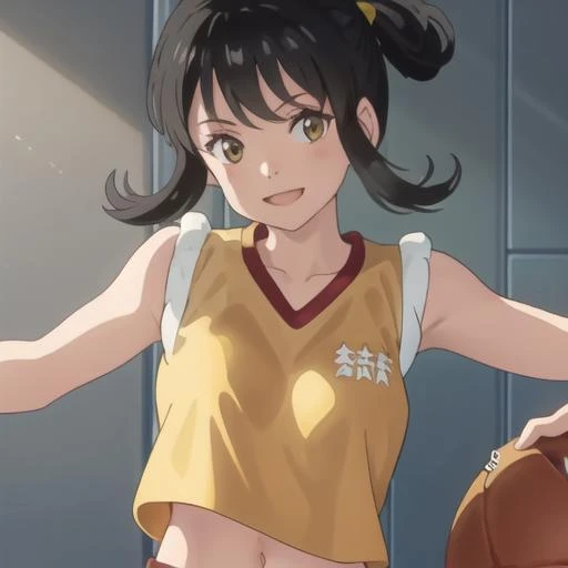 <lora:basket-06:1>, b4sk3t, 1girl," black hair", "yellow shirt", sleeveless, "red shorts", smiling, ball, midriff, sweating, blushing