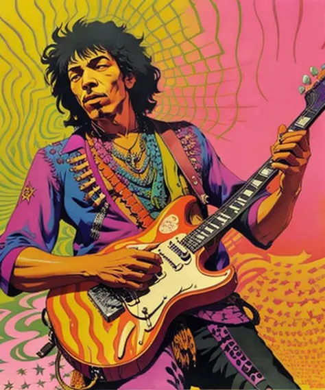 Jimi Hendrix playing guitar, by xyzVMoscoso , <lora:xyzVMoscoso-15:1>