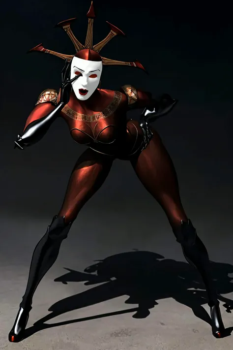 (Masterpiece, Best Quality:1.3), 8k resolution, ultra-detail, hyperrealistic, shadow, cinematic lighting, unity 8k wallpaper, 3d, cgi, (illustration:0.4), top quality, (depth of field), (no pupils:1.2), best shadow, adult, mature, legs together, villain, <lora:Hex_Original-13:1>, (hex_s1), (feet out of frame, full body), contrapposto, (standing), sexy, seductive, hand on own face, thinking, raised eyebrow, (squinting:1.3), (open mouth, no teeth), smirk, perfect, shiny, (red sclera:1.2), (hexsuit, hexcrown, mask, solid eyes:1.3), earrings,shiny:1.3), looking at viewer), (hexgloves, hexgloves:1.3),(black and red theme:1.3), floating particles, isolated, dark room, extremely detailed cg, (perfect anatomy), (studio lighting, perfect lighting), vivid color, (((blending))), intricate details, (raytracing:1.1) floating particles, <lora:LowRAv2:0.4>, vignetting