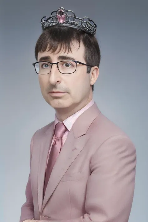 <lora:john_oliver_v1.1:1>, man, standing, glasses, john oliver, princess, (tiara:1.3), diadem, pink suit