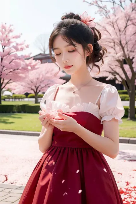 (masterpiece, high quality, 8k), 1girl, hoadao, red flower,petals,cherry blossoms, outdoors , <lora:hoadao_mage:1.1>