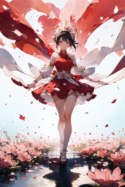 (8k, Best Quality, Masterpiece,Super Detail,High sense photo, High Detail skin),realistic,A stunning intricate full color of asian beautiful bride wearing big giant flower dress, white background, sharp focus, natural lighting, subsurface tering, f2, 35mm, film grain, hoadao, (red flower),(petals:1),cherry blossoms,outdoors, full body, <lora:hoadao_v1:1>
