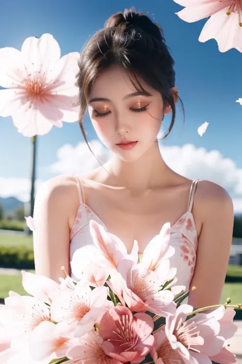 (masterpiece, high quality, 8k), 1girl, hoadao, red flower,petals,cherry blossoms, outdoors <lora:hoadao_v1-000002:1>