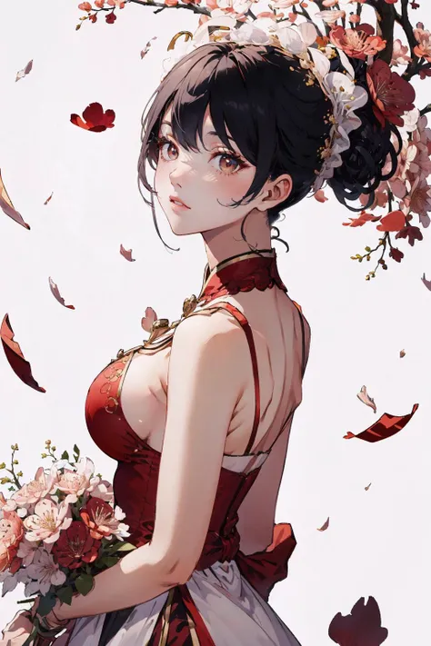 (8k, Best Quality, Masterpiece,Super Detail,High sense photo, High Detail skin),realistic,A stunning intricate full color of asian beautiful bride wearing big giant flower dress, white background, sharp focus, natural lighting, subsurface tering, f2, 35mm, film grain, hoadao, (red flower),(petals:1),cherry blossoms,outdoors, full body, <lora:hoadao_v1:1>