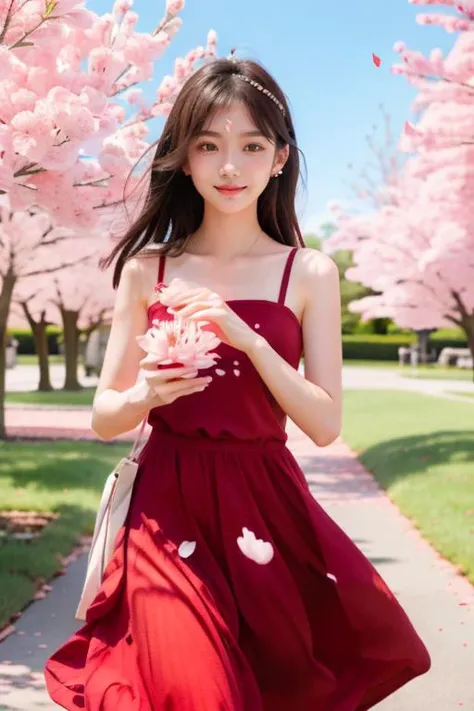 (masterpiece, high quality, 8k), 1girl, hoadao, red flower,petals,cherry blossoms, outdoors , <lora:hoadao_mage:1.6>