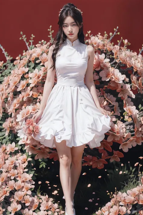 (8k, Best Quality, Masterpiece,Super Detail,High sense photo, High Detail skin),realistic,A stunning intricate full color of asian beautiful bride wearing big giant flower dress, red background, sharp focus, natural lighting, subsurface tering, f2, 35mm, film grain,  hoadao, red flower,(petals:1),cherry blossoms,outdoors, full body,  <lora:hoadao_v1:1>