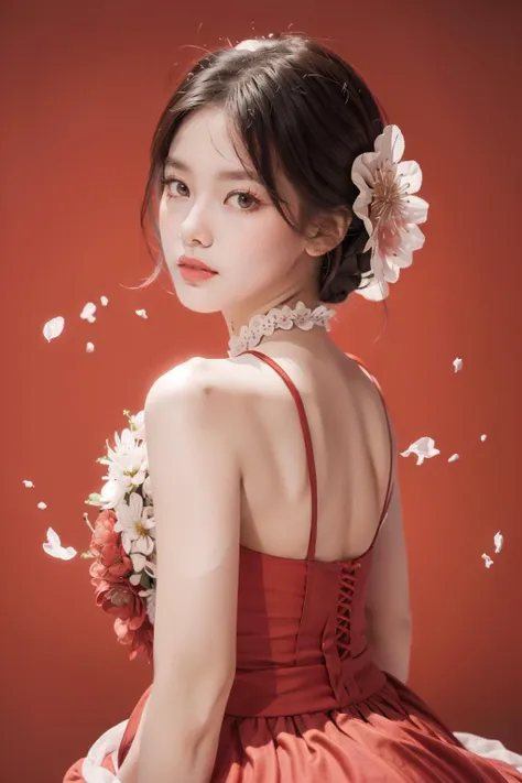 (8k, Best Quality, Masterpiece,Super Detail,High sense photo, High Detail skin),realistic,A stunning intricate full color of asian beautiful bride wearing big giant flower dress, red background, sharp focus, natural lighting, subsurface scattering, f2, 35mm, film grain,  hoadao, red flower,(petals:1),cherry blossoms,outdoors, full body,  <lora:hoadao_v1:1>