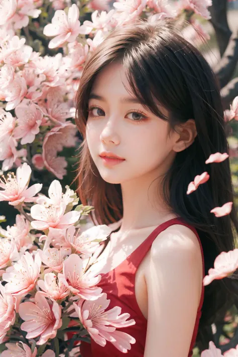 (masterpiece, high quality, 8k), 1girl, hoadao, red flower,petals,cherry blossoms, outdoors , <lora:hoadao_mage:1.6>