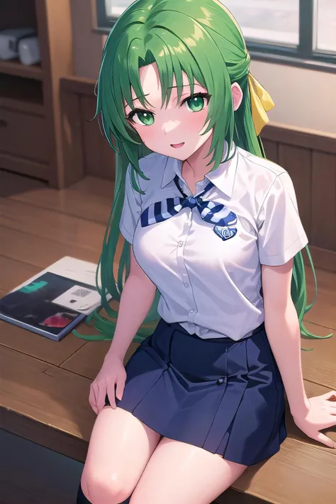 masterpiece, best quality, ultra-high-detailed,Sonozaki Shion, green hair, green eyes, long hair, yellow ribbon, white shirt, blue necktie, blue skirt, black kneehighs,