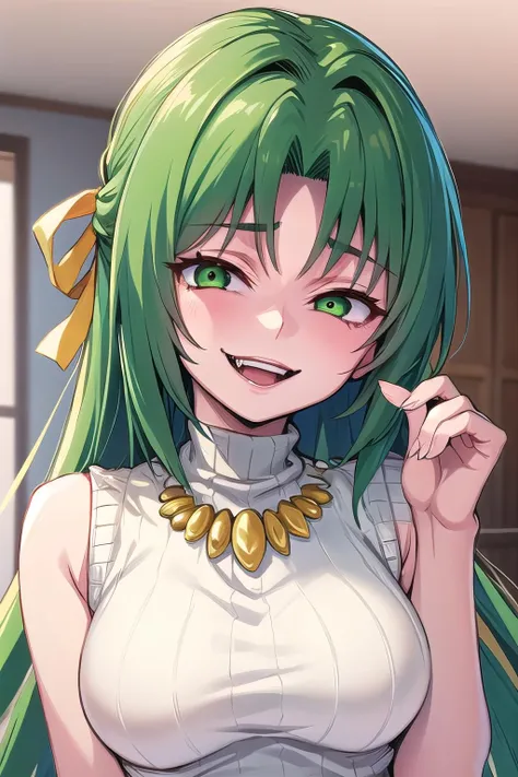 masterpiece, best quality, ultra-high-detailed, pantyjob, panties on , 1boy, 1girl,  Sonozaki Shion, green hair, green eyes, long hair, yellow ribbon, yellow necklace, turtleneck sweater,