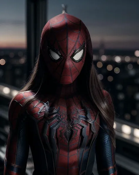 beautiful woman (Koh_KirstenLee:.99), beautiful hair, elegant, ( rooftop in new york, at night ), hair blowing in wind, wind lift, natural skin texture, (wearing spiderman cosplay outfit:1.4), sunset, cute smile, 24mm, 4k textures, soft cinematic light, adobe lightroom, photolab, hdr, intricate, elegant, highly detailed, sharp focus, ((((cinematic look)))), soothing tones, insane details, intricate details, hyperdetailed, low contrast, soft cinematic light, exposure blend, hdr, faded,
