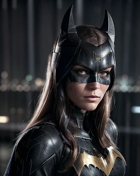 beautiful woman (Koh_KirstenLee:.99), beautiful hair, elegant, (gotham city:1.2), (at night, rainy:1.5) hair blowing in wind, wind lift, natural skin texture, (wearing batgirl cosplay outfit:1.4), sunset, cute smile, 24mm, 4k textures, soft cinematic light, adobe lightroom, photolab, hdr, intricate, elegant, highly detailed, sharp focus, ((((cinematic look)))), soothing tones, insane details, intricate details, hyperdetailed, low contrast, soft cinematic light, exposure blend, hdr, faded,