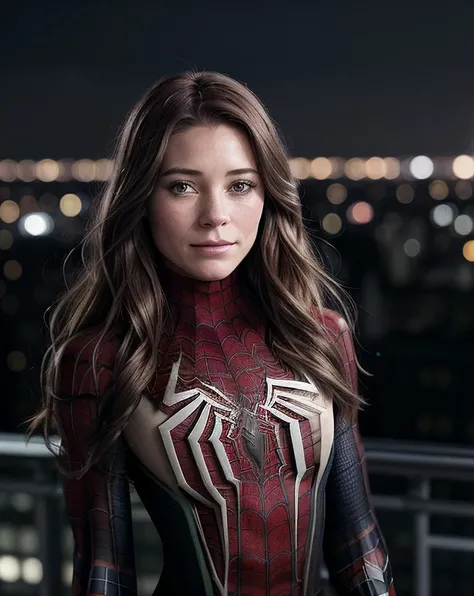beautiful woman (Koh_KirstenLee:.99), beautiful hair, elegant, ( rooftop in new york, at night ), hair blowing in wind, wind lift, natural skin texture, (wearing spiderman cosplay outfit:1.4), sunset, cute smile, 24mm, 4k textures, soft cinematic light, adobe lightroom, photolab, hdr, intricate, elegant, highly detailed, sharp focus, ((((cinematic look)))), soothing tones, insane details, intricate details, hyperdetailed, low contrast, soft cinematic light, exposure blend, hdr, faded,