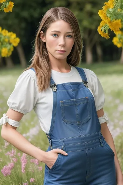 Picture, best quality, portrait photo of beautiful Koh_KirstenLee, atompunk, wearing denim overalls, field of flowers, sunshine, meadow, trees, grass, nature, looking at viewer, perfect face, perfect eyes, sharp focus 8k high definition, insanely detailed, intricate, elegant, art by stanley lau and artgerm, Hajime Sorayama, William-Adolphe Bouguereau