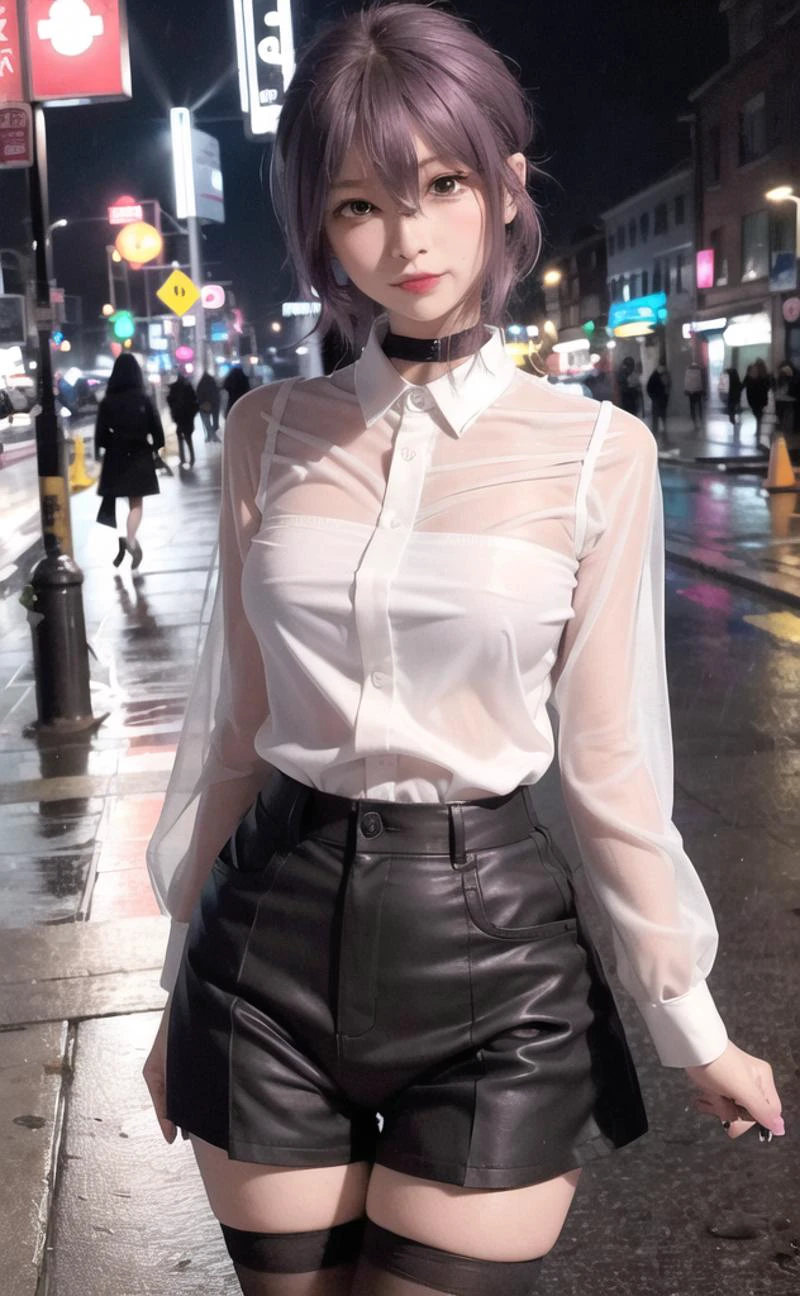 (best quality:1.0), (ultra highres:1.0), selfie, 1 girl,very slim,shy,detailed beautiful skin,pink on face,(blush), thin face,young girl,reze,rainy,black shorts,black pantyhose,purple hair,pantyhose,((white shirt)),street,(night),walking,middle breasts, ((warm cloor)), <lora:RezeChainsawMan_RezeChainsawMan:0.7>, <lora:koreanDollLikeness_v10:0.4>