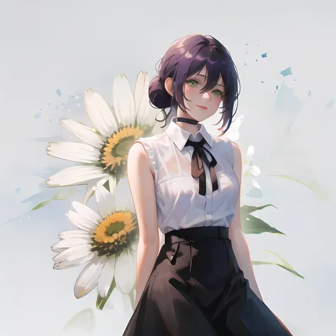 <lora:Reze:0.85> ,cowboy shot,((white shirt)),short tie,black tie,1 girl,shy, cute,black skirt, [(white background)::0.2],negative space,green eyes, purple hair,indoors,night,<lora:LAS:0.8> ,holding_flower,holding_white_daisy,