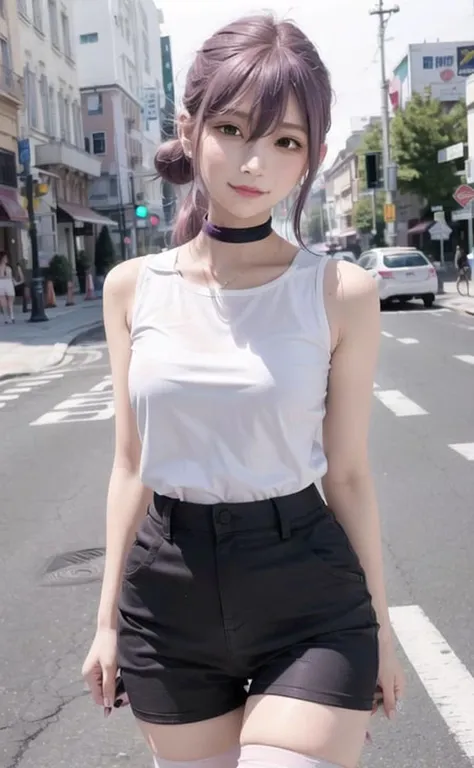 (best quality:1.0), (ultra highres:1.0), selfie, 1 girl,very slim,shy,detailed beautiful skin,pink on face,(blush), thin face,young girl,purple hair,black shorts,pantyhose,(white shirt),street,night,walking,middle breasts, ((warm cloor)),<lora:RezeChainsawMan_RezeChainsawMan:0.8>, <lora:koreanDollLikeness_v10:0.4>