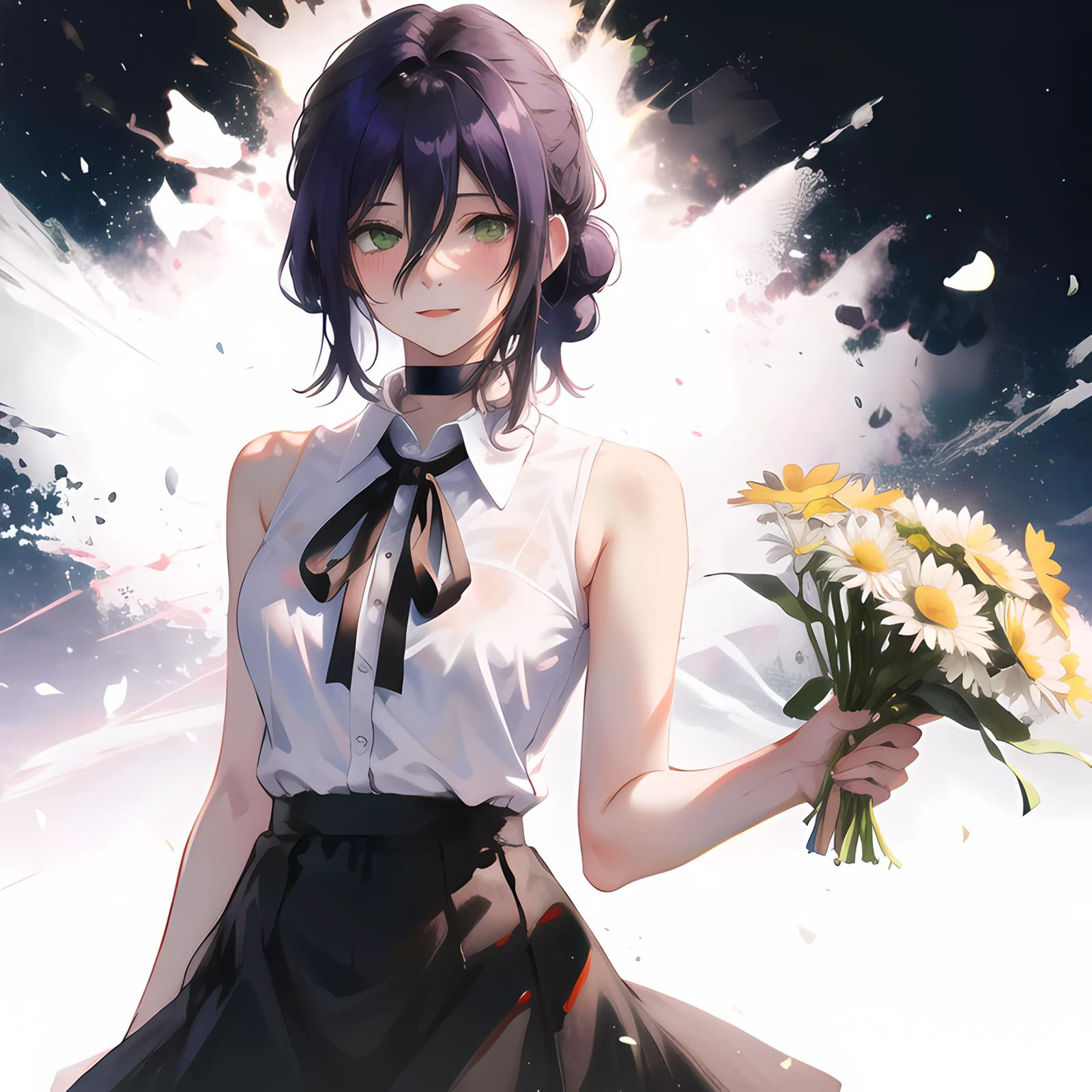 <lora:Reze:0.85> ,cowboy shot,((white shirt)),short tie,black tie,1 girl,shy, cute,black skirt, [(white background)::0.2],negative space,green eyes, purple hair,indoors,night,<lora:LAS:0.8> ,holding_flower,holding_white_daisy,