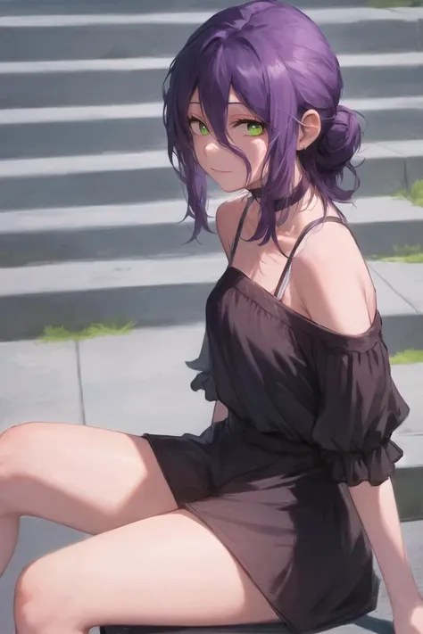 looking at viewer, from side, facing to the side, sitting on stairs, close-up, face focus, sitting beside, eye level,
<lora:RezeChainsawMan_RezeChainsawMan:1>, 1girl, purple hair, green eyes,